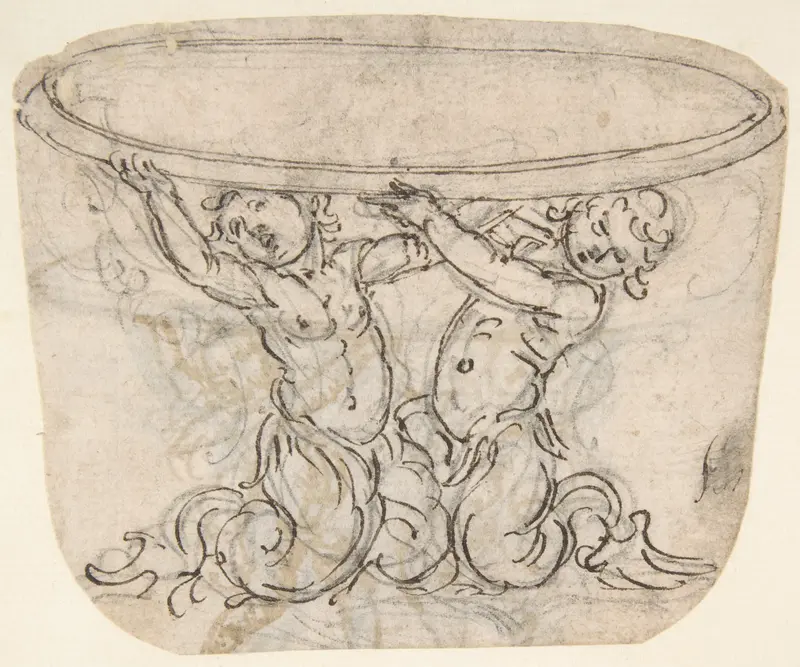 Table or Basin Supported by Male Sirens (recto); Sketch for the same subject (verso) Wall Art by Giovanni Battista Foggini - High-Resolution Digital Print