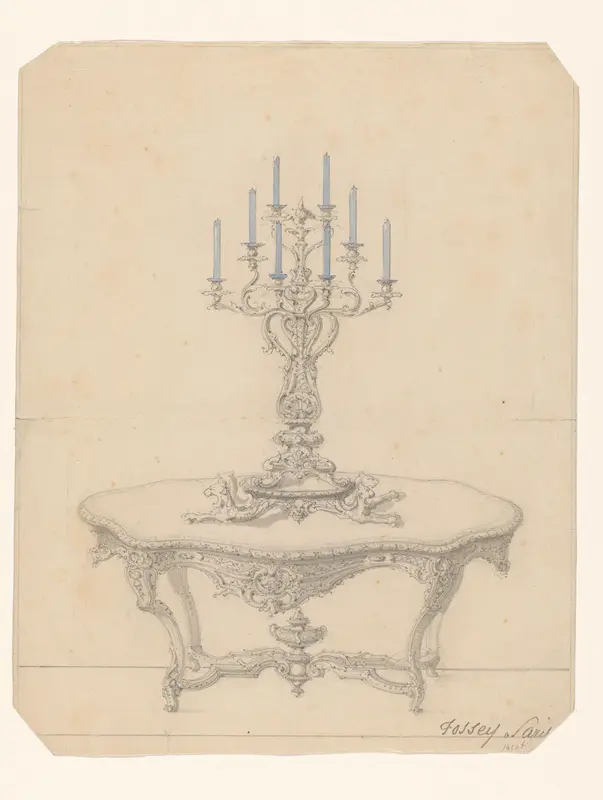 Tafel in neo-rococo-stijl met daarop een kandelaber met acht kaarsen Wall Art by Unknown - High-Resolution Digital Print