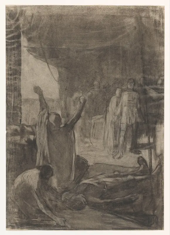 Tafereel uit de oude geschiedenis: een oude man zweert wraak bij het lijk van een gevallene Wall Art by Pieter de Josselin de Jong - High-Resolution Digital Print