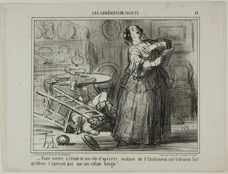 - Taken by her operetta part, Madame de St. Chalumeau is shouting so loud that she does not notice the bellowing of her child, plate 13 from Les Comédiens De Société