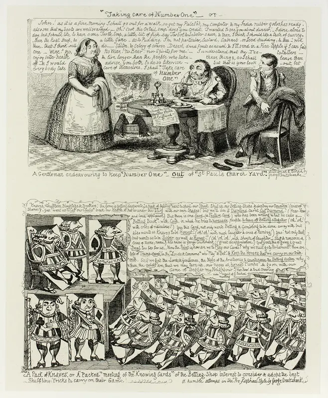 "Taking Care of Number One" or A Gentleman Endeavoring to Keep "Number One" Out of "St Pauls Church Yard" from George Cruikshank's Steel Etchings to The Comic Almanacks: 1835-1853 (top) Wall Art by George Cruikshank - High-Resolution Digital Print