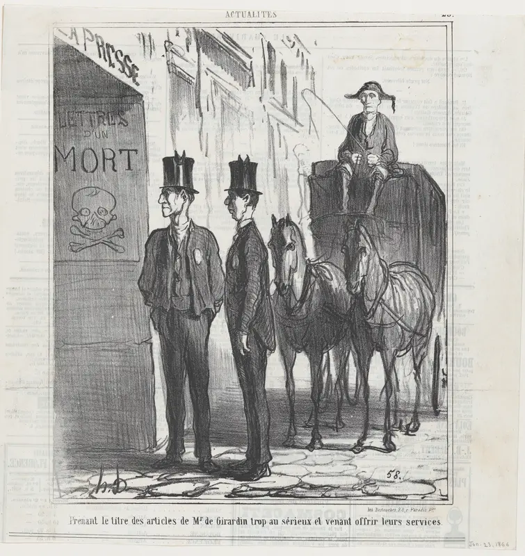 Taking the headlines of Monsieur de Girardin too seriously and coming to offer their services, from 'News of the day,' published in Le Charivari, January 23, 1866 Wall Art by Honoré Daumier - High-Resolution Digital Print