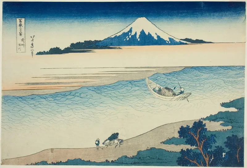 Tama River in Musashi Province (Bushu Tamagawa), from the series "Thirty-six Views of Mount Fuji (Fugaku sanjurokkei)"