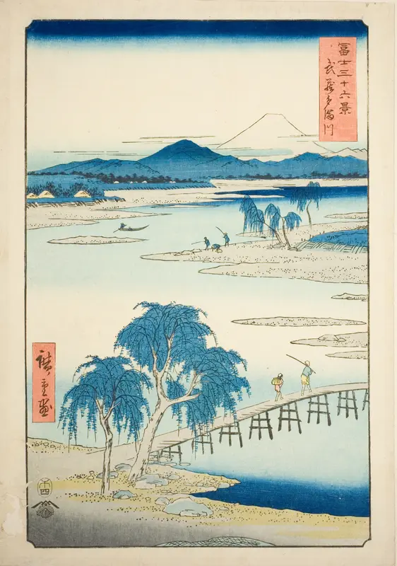 Tama River in Musashi Province (Musashi Tamagawa), from the series "Thirty-six Views of Mount Fuji (Fuji sanjurokkei)"