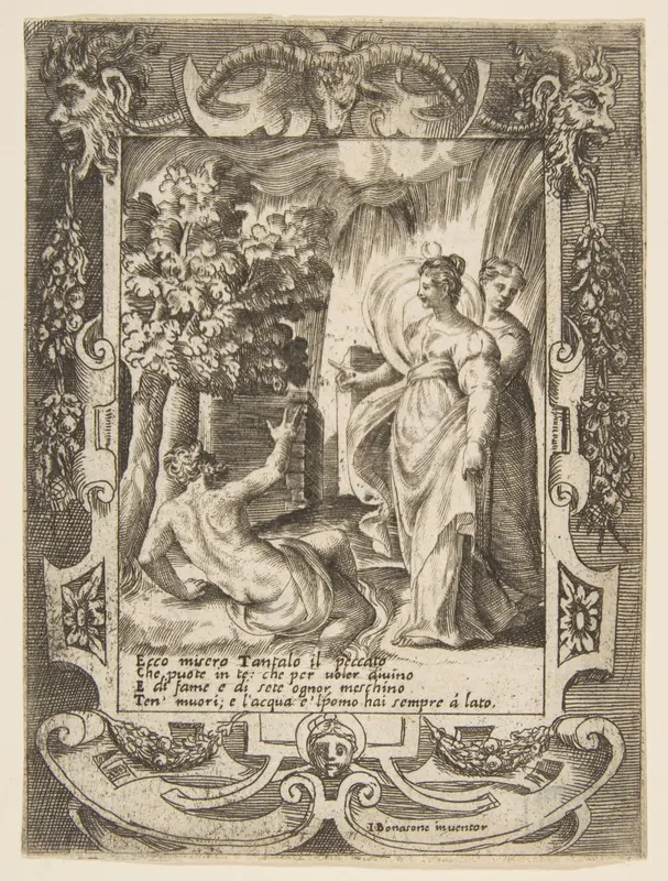 Tantalus at left speaking to Diana at right, set within an elaborate frame, from "Loves, Rages and Jealousies of Juno" Wall Art by Giulio Bonasone - High-Resolution Digital Print