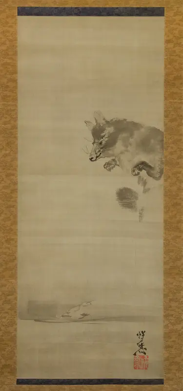 Tanuki (Racoon  Dog) Viewing Its Reflection in Water Wall Art by Kawanabe Kyōsai 河鍋暁斎 - High-Resolution Digital Print