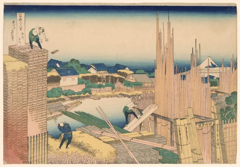 Tatekawa River Lumberyard at Honjo (Honjo Tatekawa), from the series "Thirty-six Views of Mount Fuji (Fugaku sanjurokkei)"