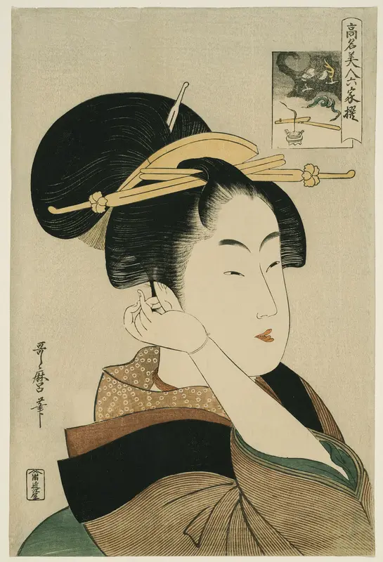 Tatsumi Roko, from the series “Renowned Beauties Likened to the Six Immortal Poets" ("Komei bijin rokkasen") Wall Art by Kitagawa Utamaro - High-Resolution Digital Print