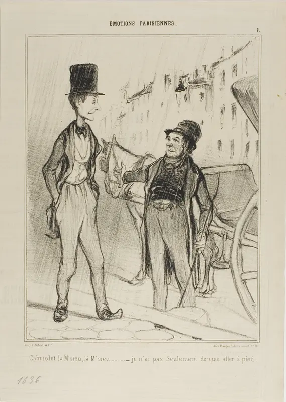 “- Taxi Monsieur? Taxi? - I don't even have enough to walk,” plate 8 from Émotions De Parisiens