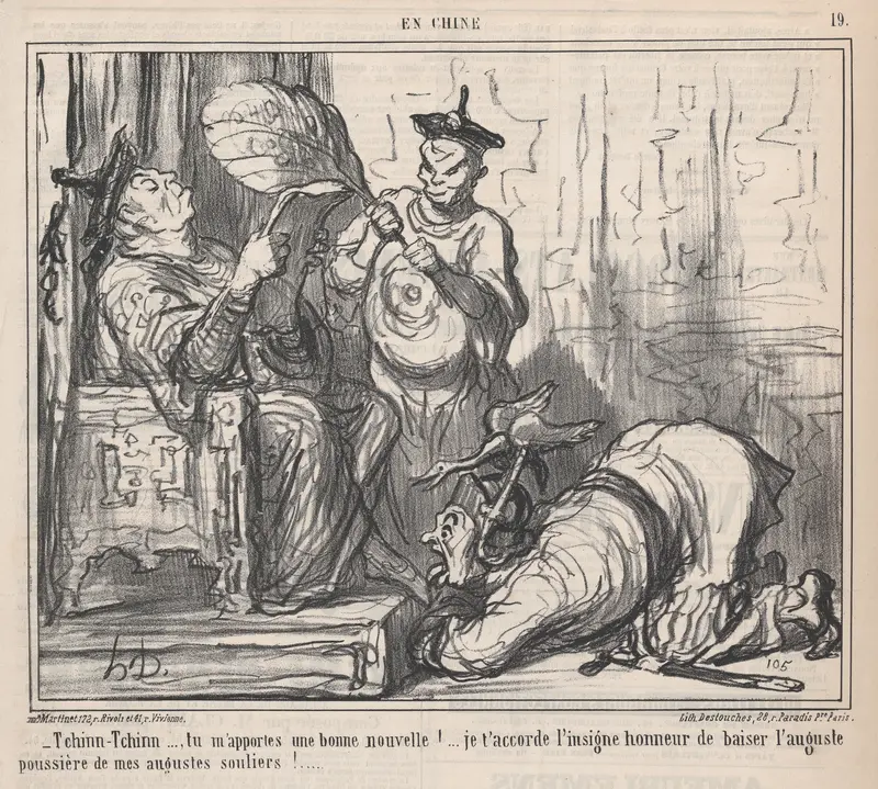 Tchinn-Tchinn..., tu m'apportes une bonne nouvelle! .... je t'accorde l'insigne honeur de honneur de baiser l'auguste poussière de mes augustes souliers!...., from En Chine, published in Le Charivari, December 7, 1859 Wall Art by Honoré Daumier - High-Resolution Digital Print