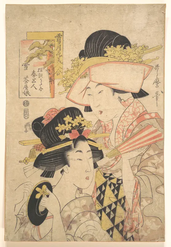 Teahouse girl and servant: Snow from the series Comparison of Snow, Moon and Flower Beauty Wall Art by Kitagawa Utamaro - High-Resolution Digital Print