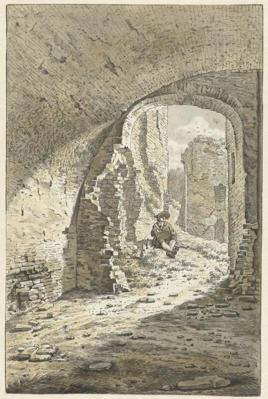 Tekenaar schetsend in de ruïne van Brederode Wall Art by Jacques Kuyper - High-Resolution Digital Print