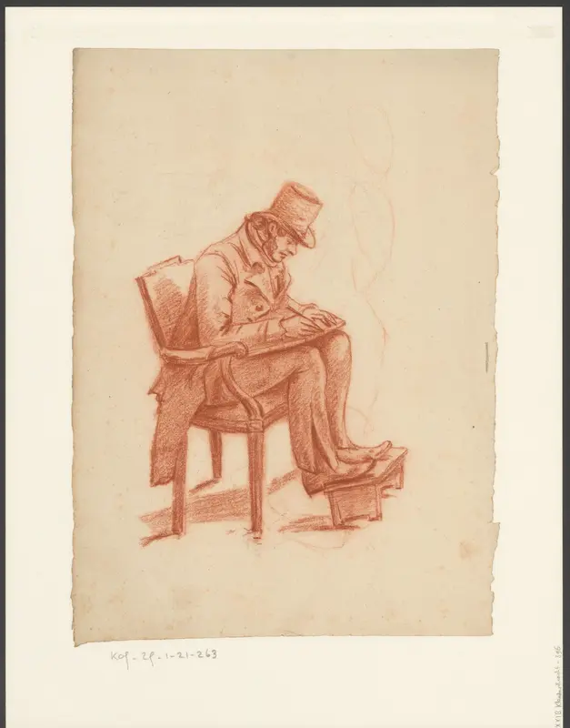 Tekenende man met voeten op een stoof Wall Art by Jean Bernard - High-Resolution Digital Print