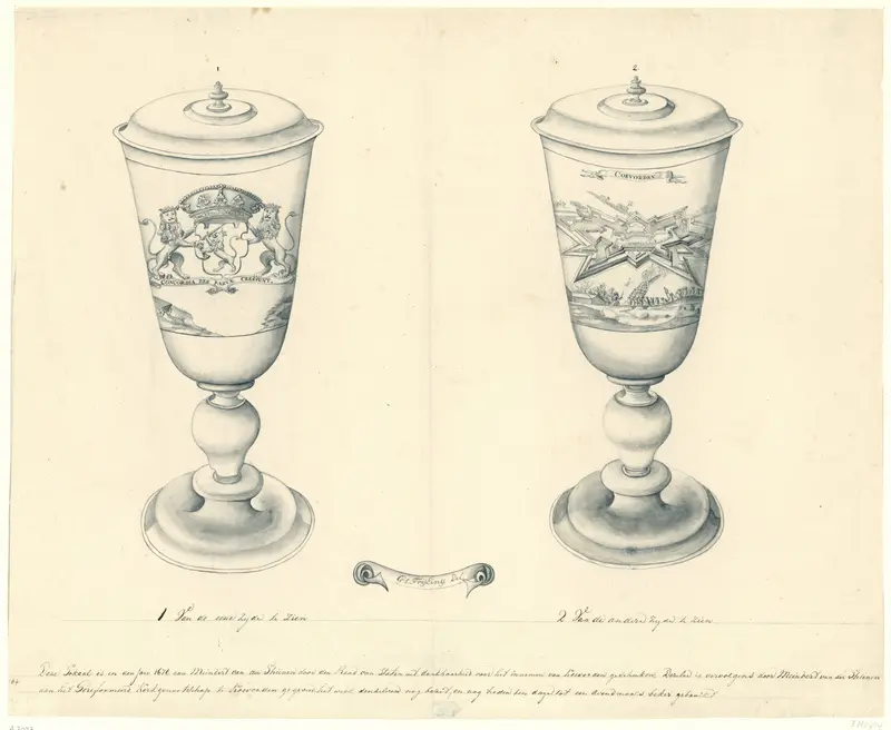 Tekening van een bokaal met een voorstelling van de verovering van Coevorden, 1672 Wall Art by Unknown - High-Resolution Digital Print