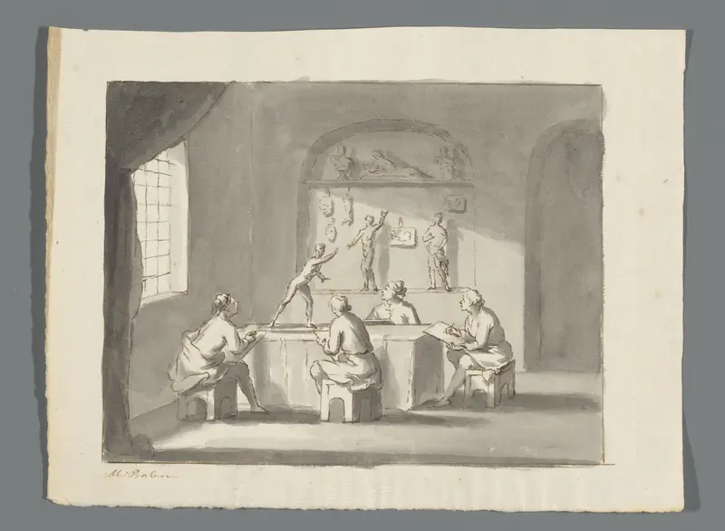 Tekenschool met vier kunstenaars die een sculptuur natekenen Wall Art by Unknown - High-Resolution Digital Print