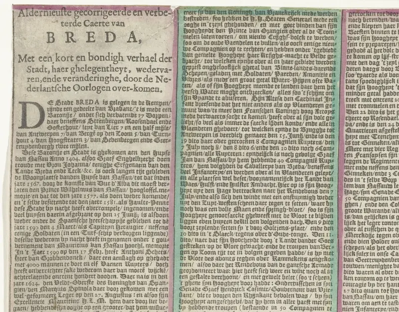 Tekstblad bij de kaart van het beleg van Breda (linkerhelft), 1637 Wall Art by Unknown - High-Resolution Digital Print