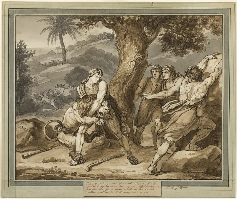 Telemachus Battles the Lion, from The Adventures of Telemachus, Book 2 Wall Art by Bartolomeo Pinelli - High-Resolution Digital Print