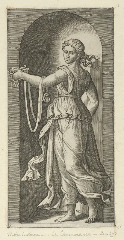 Temperance personfied by a woman standing in a niche holding a bit, from "The Virtues"