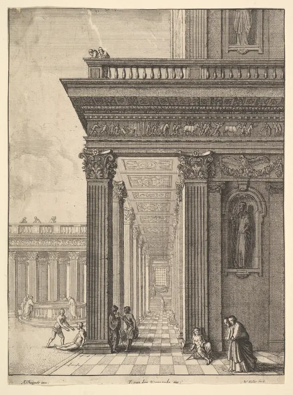 Temple colonnade and courtyard with figures Wall Art by Wenceslaus Hollar - High-Resolution Digital Print
