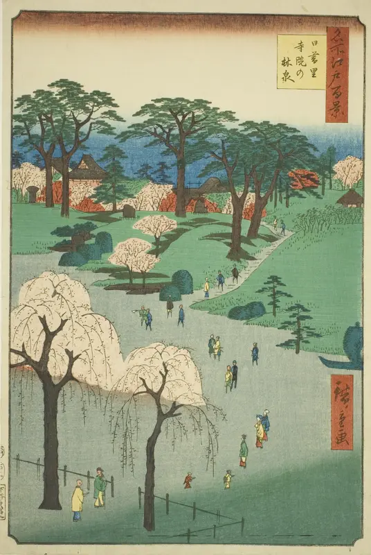 Temple Gardens in Nippori (Nippori jiin no rinsen), from the series "One Hundred Famous Views of Edo (Meisho Edo hyakkei)"