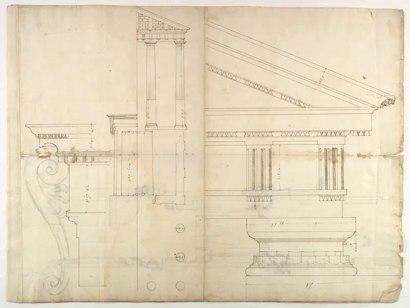Temple of Hercules, Cori, plan, elevation; portal, details; Doric order, details (recto) St. Peter's, drum, section (verso)