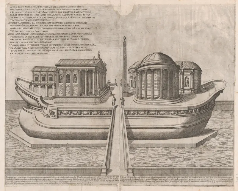 Temples on the Isle of Tiber, from "Speculum Romanae Magnificentiae" Wall Art by Etienne DuPérac - High-Resolution Digital Print