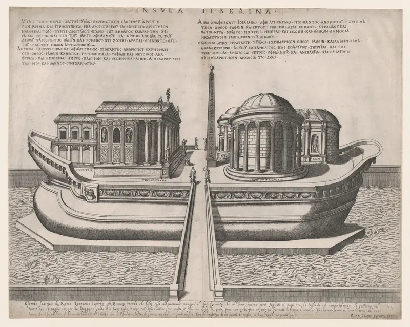 Temples on the Isle of Tiber, from "Speculum Romanae Magnificentiae" Wall Art by Giovanni Ambrogio Brambilla - High-Resolution Digital Print