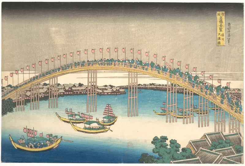 Tenman Bridge at Settsu Province (Sesshū Tenmanbashi), from the series Remarkable Views of Bridges in Various Provinces (Shokoku meikyō kiran) Wall Art by Katsushika Hokusai - High-Resolution Digital Print