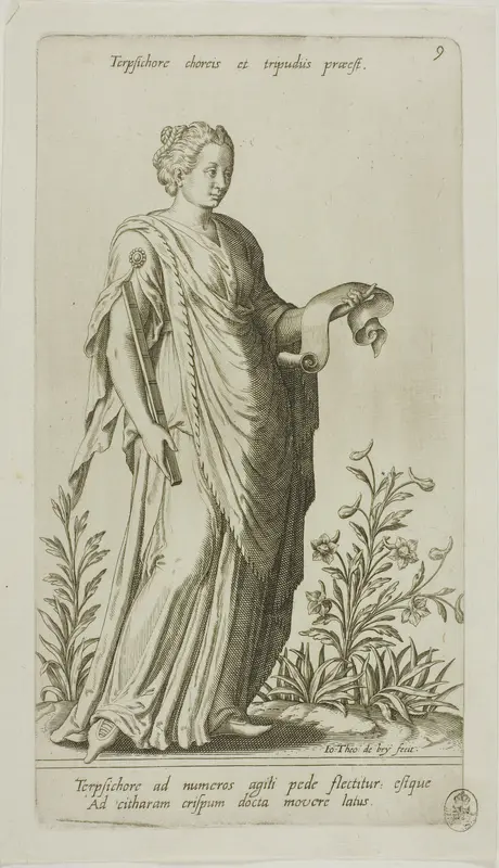 Terpsichore, Muse of Dance, plate 9 from Parnassus Biceps Wall Art by Johann Theodor de Bry - High-Resolution Digital Print