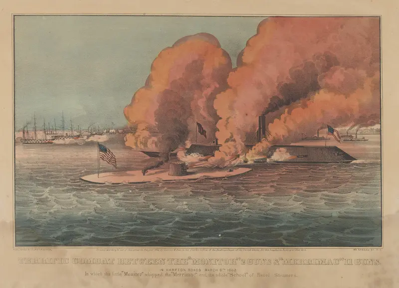 Terrific Combat Between the "Monitor" 2 Guns & "Merrimac" 11 Guns – In Hampton Roads March 9th, 1862 – In which the little "Monitor" whipped the "Merrimac" and the whole "School" of Rebel Steamers Wall Art by Currier & Ives - High-Resolution Digital Print