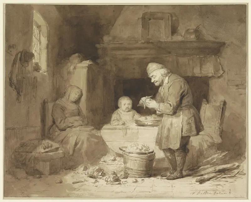 Terwijl een vrouw in slaap is gevallen, schilt een oude man aardappels Wall Art by Ferdinand De Braekeleer (I) - High-Resolution Digital Print