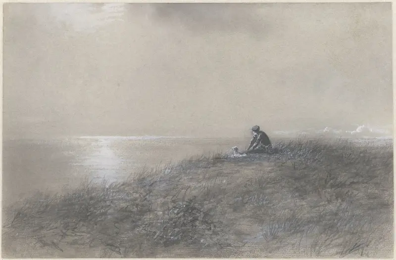 Teun de jager met hond in de duinen uitkijkend over de zee Wall Art by Ferdinand Carl Sierich - High-Resolution Digital Print