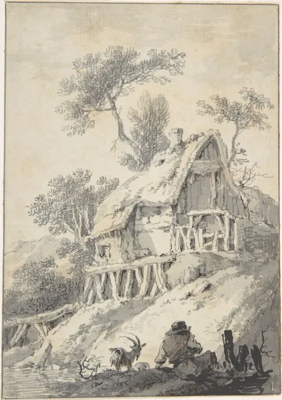 Thatched Cottage by a Brook Wall Art by Anonymous, Dutch, 18th century - High-Resolution Digital Print