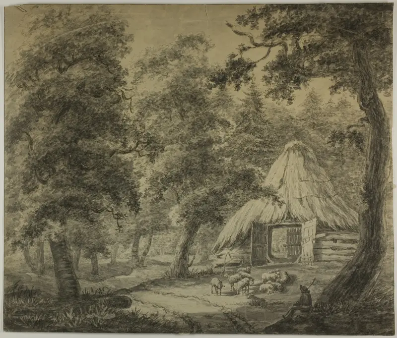 Thatched Hut in Woods with Shepherd and Sheep Wall Art by Anthonie Waterloo - High-Resolution Digital Print