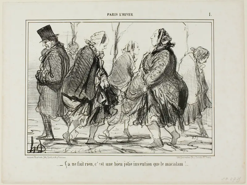 “- That's quite alright... isn't asphalt a marvellous invention?,” plate 1 from Paris L'hiver