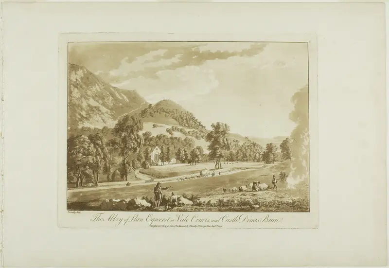 The Abbey of Llan Egnerst or Vale Crucis, and Castle Dinas Bran, plate five from Twelve Views in North Wales