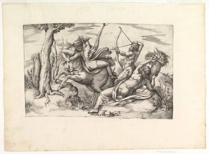 The Abduction of Dejanira, at center in the arms of the centaur Nessus, Hercules at right shooting the centaur with an arrow, Achelous reclining with his cornucopia at lower right Wall Art by Battista Franco - High-Resolution Digital Print