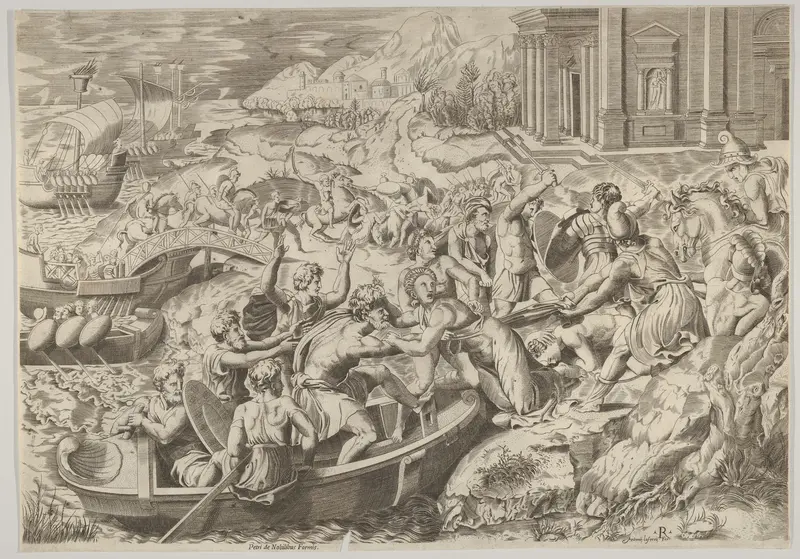 The abduction of Helen; battle scene on a shore with two men pulling Helen into a boat at center and another man pulling on her drapery in the opposite direction Wall Art by Marco Dente - High-Resolution Digital Print
