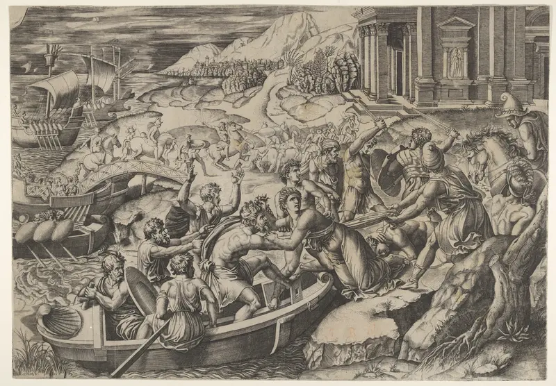 The abduction of Helen; battle scene on a shore with two men pulling Helen into a boat at center and another man pulling on her drapery in the opposite direction Wall Art by Marcantonio Raimondi - High-Resolution Digital Print