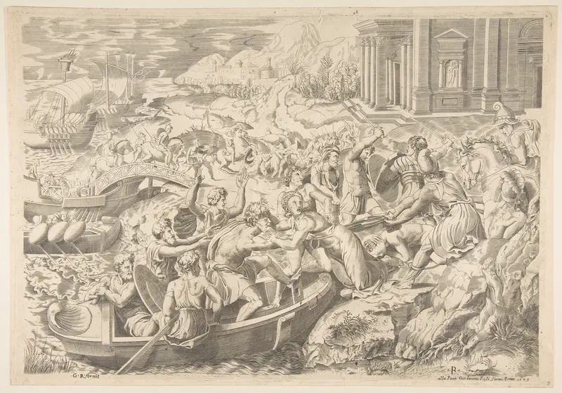 The Abduction of Helen; battle scene on shore with two men pulling Helen into a boat at center