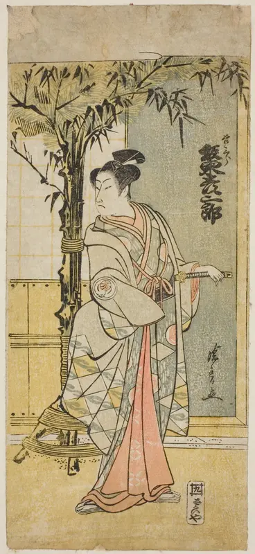 The Actor Bando Hikosaburo III as Kichisaburo in the play "Junshoku Edo Murasaki," performed at the Ichimura Theater in the first month, 1779