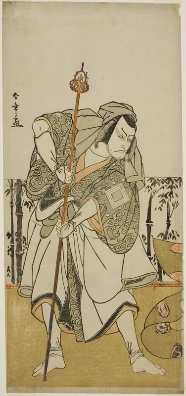 The Actor Ichikawa Danjuro V as Taira no Masakado Disguised as the Pilgrim Junjo in the Play Masakado Kammuri no Hatsuyuki, Performed at the Nakamura Theater in the Eleventh Month, 1777