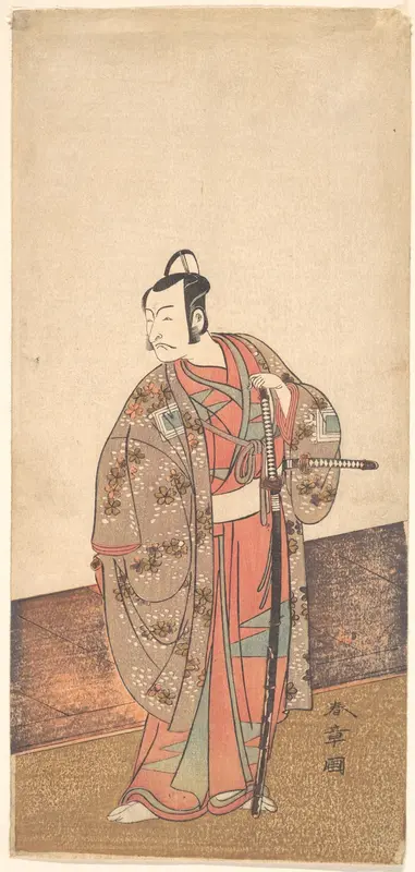 The Actor Ichikawa Danjuro V standing inside of a house and in front of an engawa