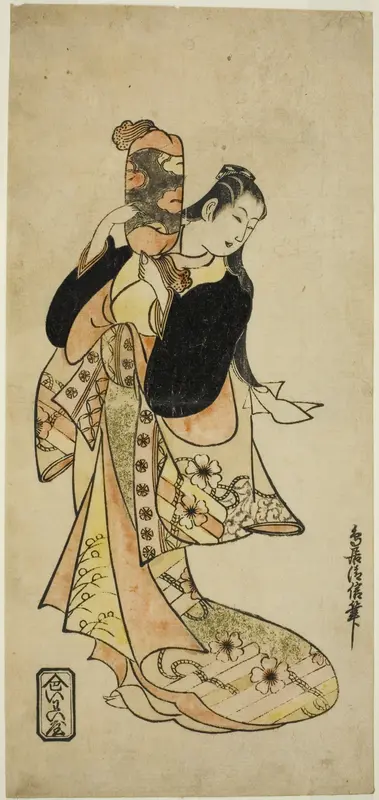 The Actor Ichikawa Monnosuke I as Oiso no Tora in the play "Nigiwai Suehiro Soga," performed at the Morita Theater in the first month, 1721 (?)