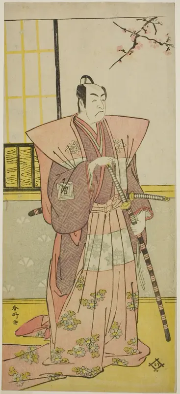 The Actor Ichikawa Omezo I as Koyurugi Motomenosuke (?) in the Play Haru no Nishiki Date-zome Soga (?), Performed at the Nakamura Theater (?) in the First Month, 1790 (?)
