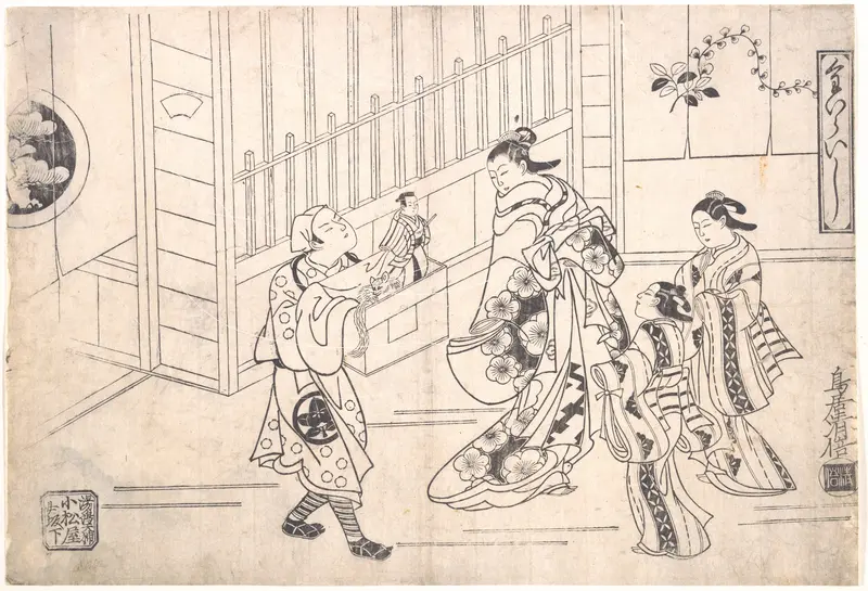 The Actor Ichimura Takenojo VIII in the Role of a Puppeteer, showing Puppets to a Courtesan Wall Art by Torii Kiyomasu I - High-Resolution Digital Print
