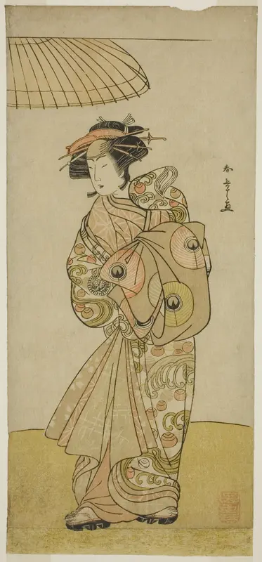 The Actor Ikushima Daikichi III as the Courtesan Naniwazu in the Play Saki Masuya Ume no Kachidoki, Performed at the Ichimura Theater in the Eleventh Month, 1777