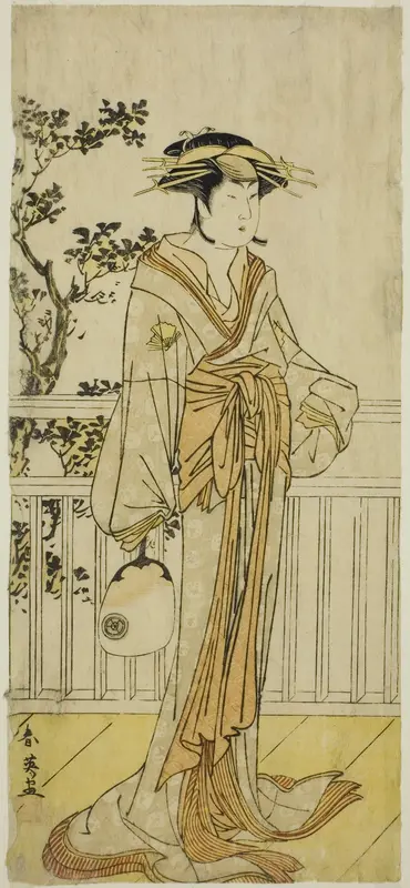 The Actor Iwai Hanshiro IV as Okumi of the Mieido Fan Shop (?) in the Play Sanjuk-koku Yobune no Hajimari (?), Performed at the Ichimura Theater (?) in the Fifth Month, 1789 (?)