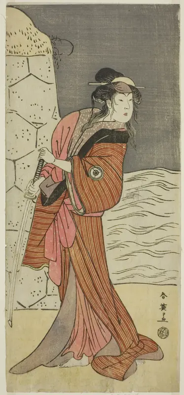 The Actor Iwai Hanshiro IV as Yaegushi no Oroku (?) in the Play Keisei Kogane no Hakarime (?), Performed at the Kawarazaki Theater (?) in the Third Month, 1792 (?) Wall Art by Katsukawa Shun'ei - High-Resolution Digital Print