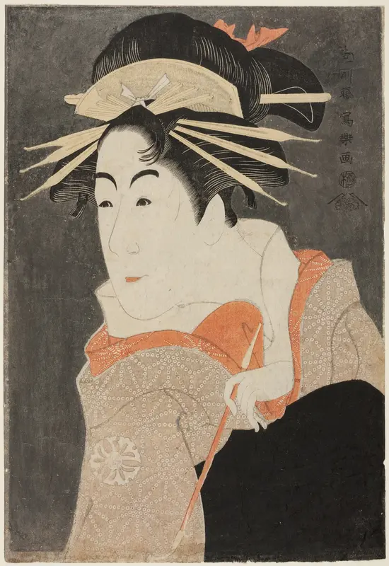 The actor Matsumoto Yonesaburo as Shinobu in the guise of the courtesan Kewaizaka no Shosho Wall Art by Tōshūsai Sharaku - High-Resolution Digital Print